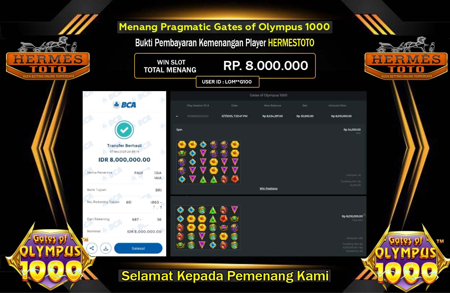 HERMESTOTO JACKPOT Pragmatic (Gates of Olympus 1000) Rp.8.000.000,- LUNAS