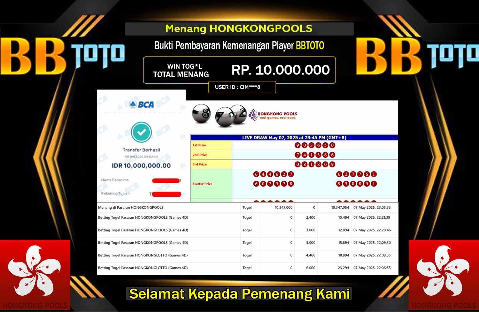 BBTOTO JACKPOT HONGKONGPOOLS Rp.10.000.000,- LUNAS
