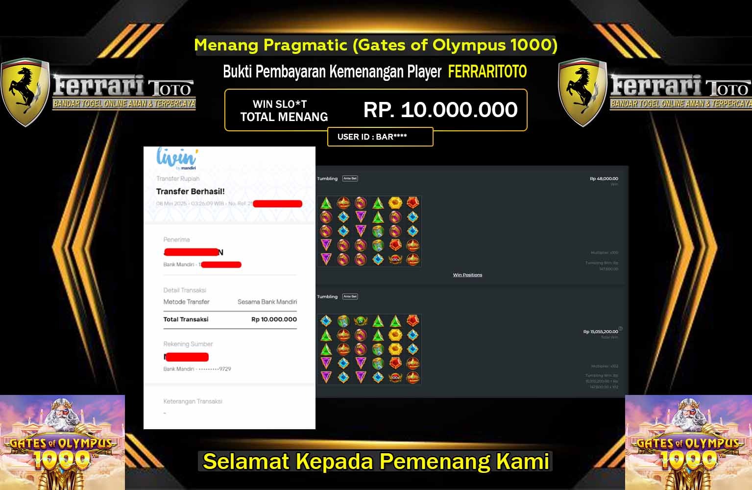 FERRARITOTO JACKPOT Pragmatic (Gates of Olympus 1000) Rp.10.000.000,- LUNAS