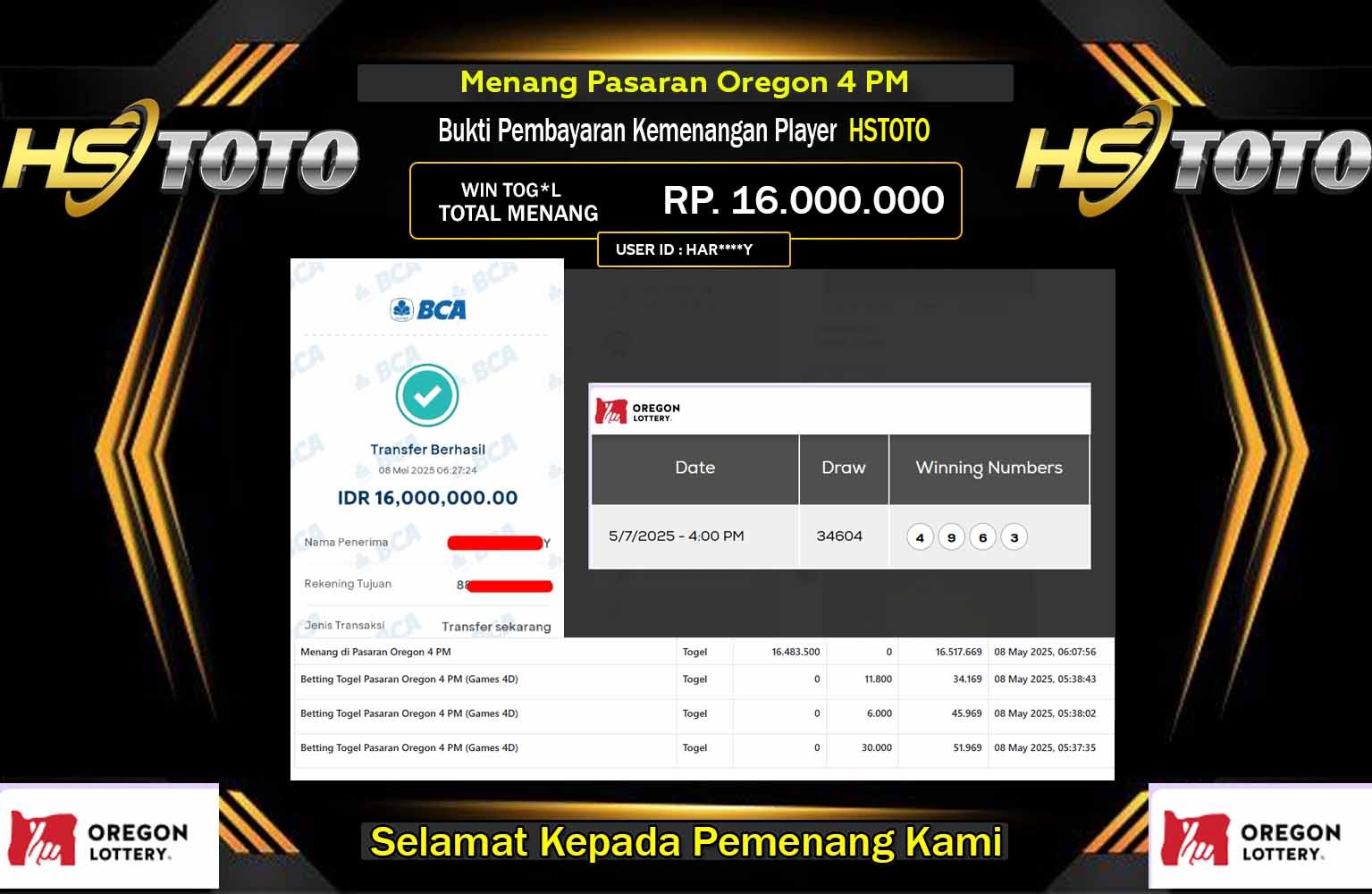 HSTOTO JACKPOT Oregon 4 PM  Rp.16.000.000,- LUNAS
