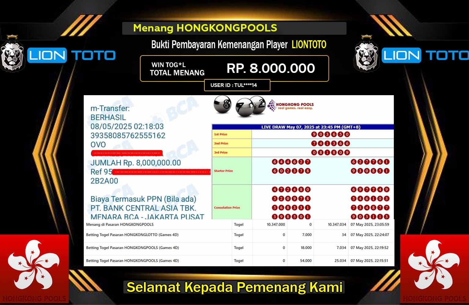 LIONTOTO JACKPOT HONGKONGPOOLS  Rp.8.000.000,- LUNAS
