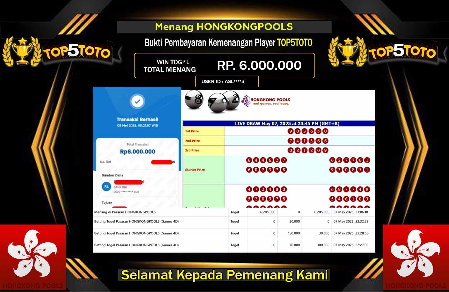 TOP5TOTO JACKPOT HONGKONGPOOLS   Rp.6.000.000,- LUNAS