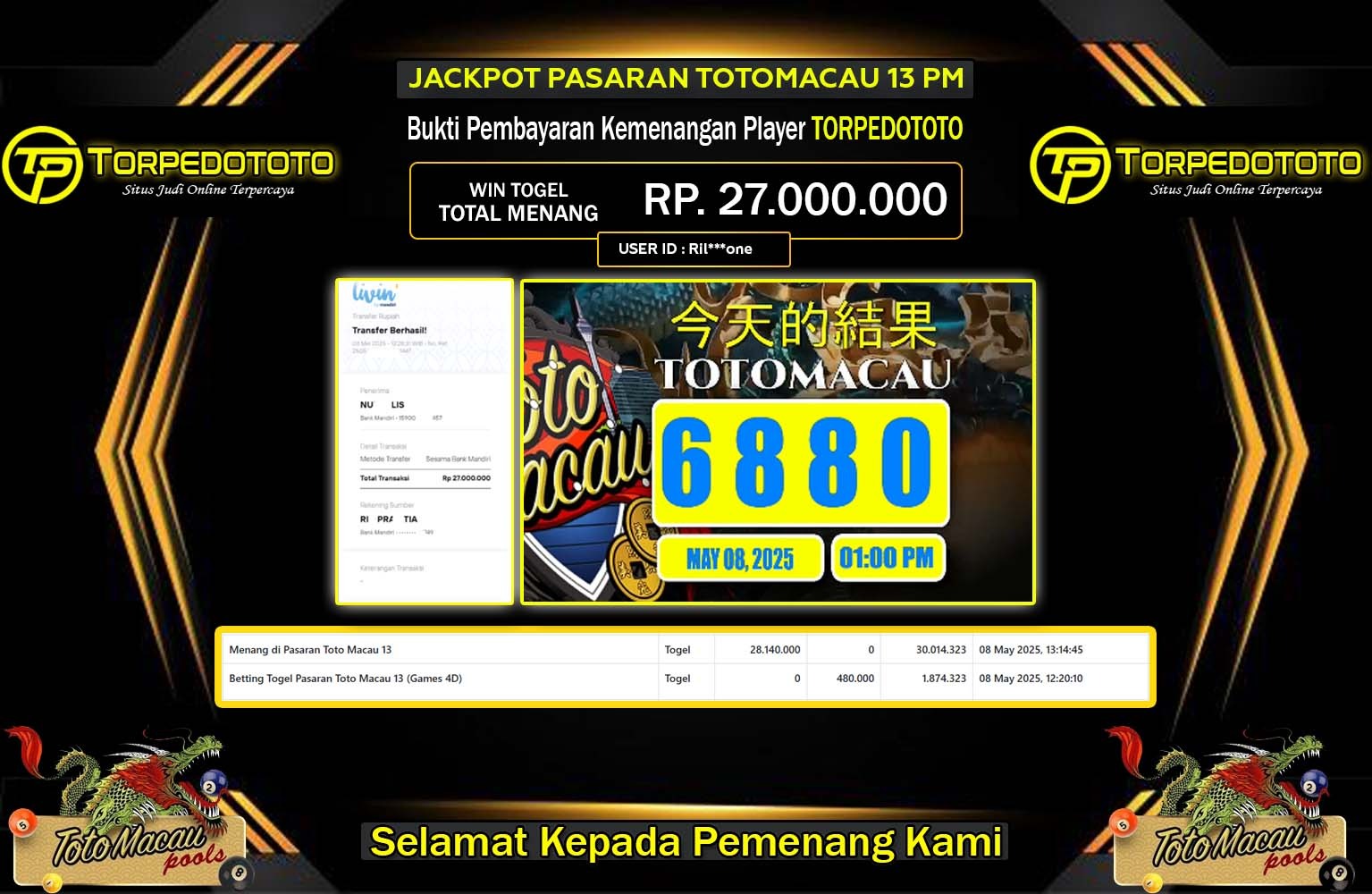 TORPEDOTOTO JACKPOT TOTOMACAU 13PM Rp.27.000.000,- LUNAS