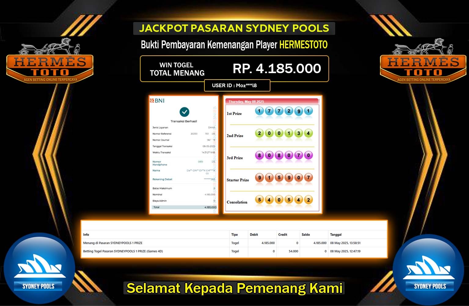 HERMESTOTO JACKPOT SYDNEY POOLS Rp.4.185.000,- LUNAS