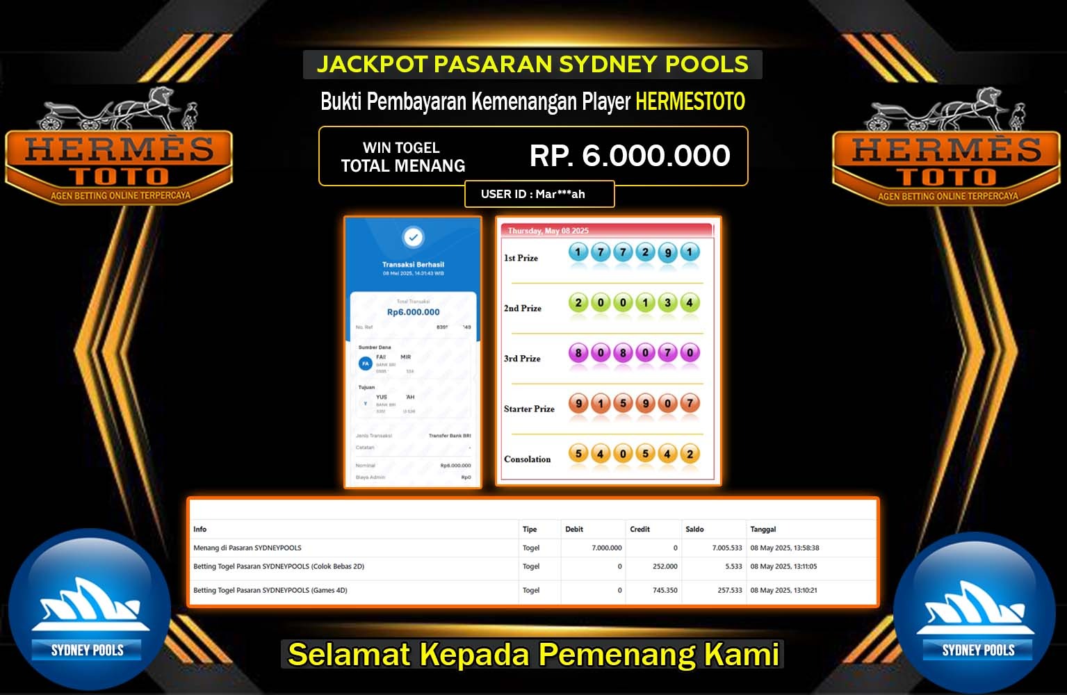 HERMESTOTO JACKPOT SYDNEY POOLS Rp.6.000.000,- LUNAS