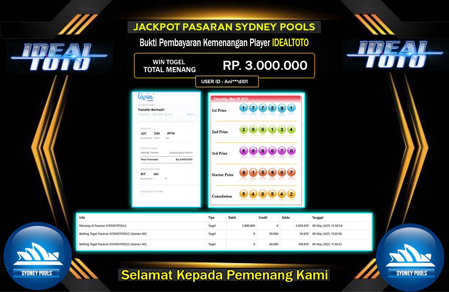 IDEALTOTO JACKPOT SYDNEY POOLS Rp.3.000.000,- LUNAS