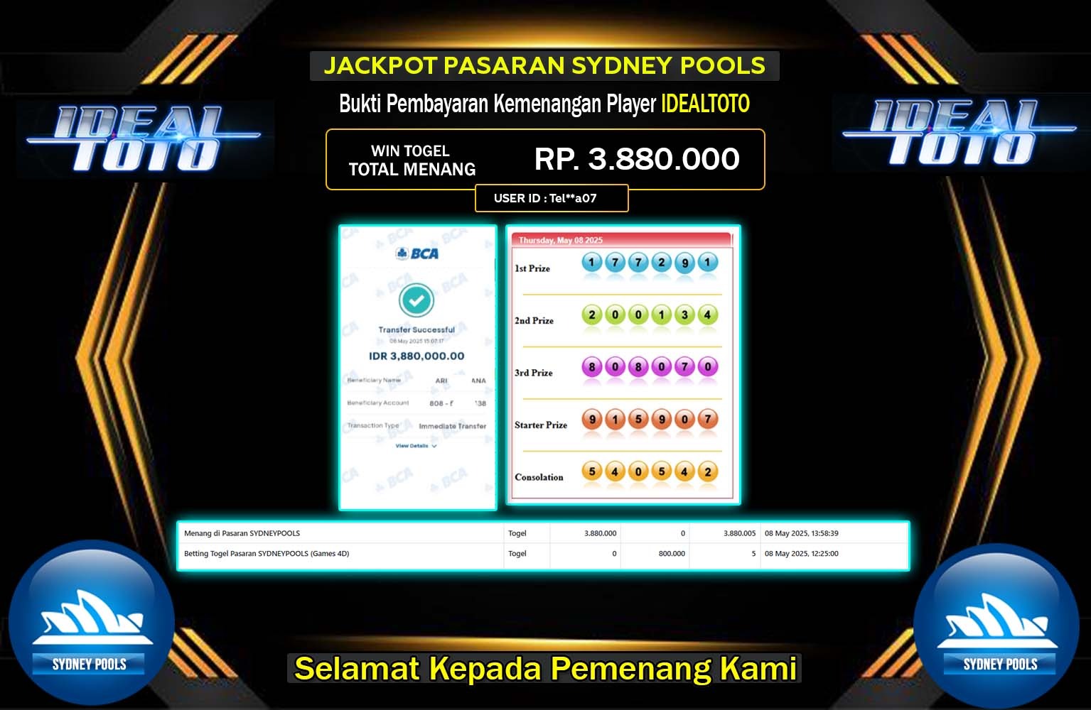 IDEALTOTO JACKPOT SYDNEY POOLS Rp.3.880.000,- LUNAS