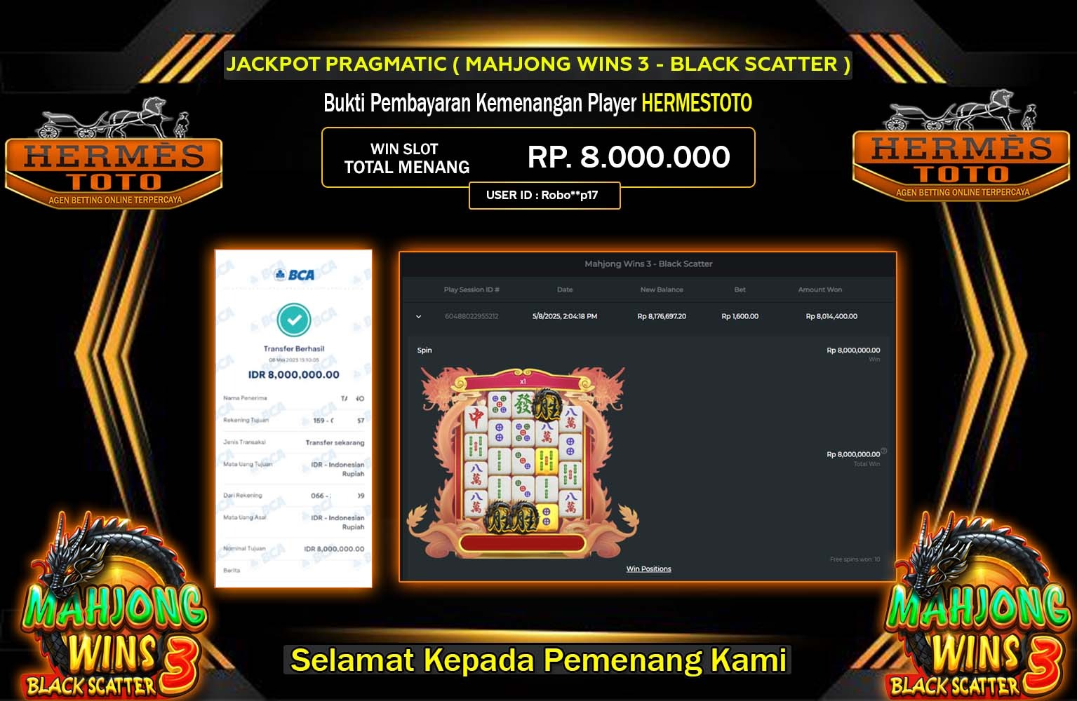 HERMESTOTO JACKPOT Pragmatic (Mahjong Wins 3 - Black Scatter) Rp.8.000.000,- LUNAS