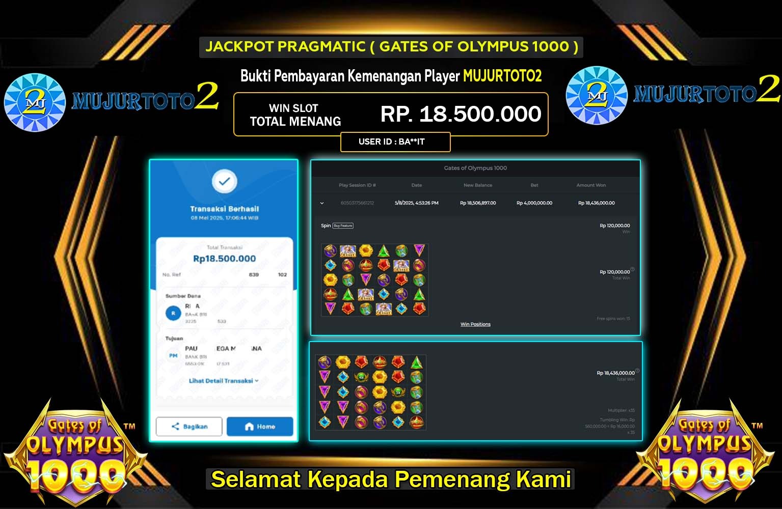 MUJURTOTO2 JACKPOT Pragmatic (Gates of Olympus 1000) Rp.18.500.000,- LUNAS
