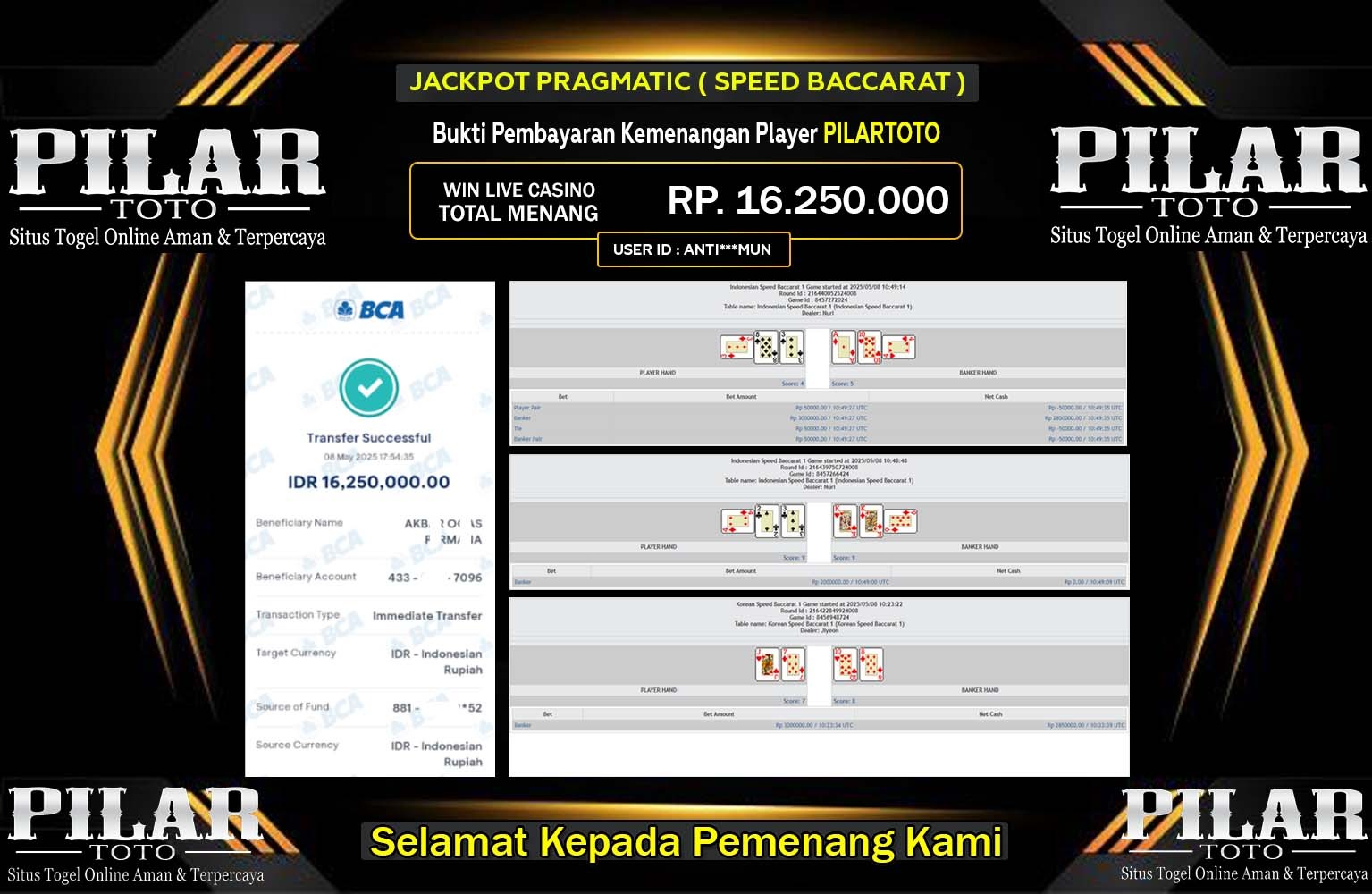 PILARTOTO JACKPOT Speed Baccarat Rp.16.250.000,- LUNAS