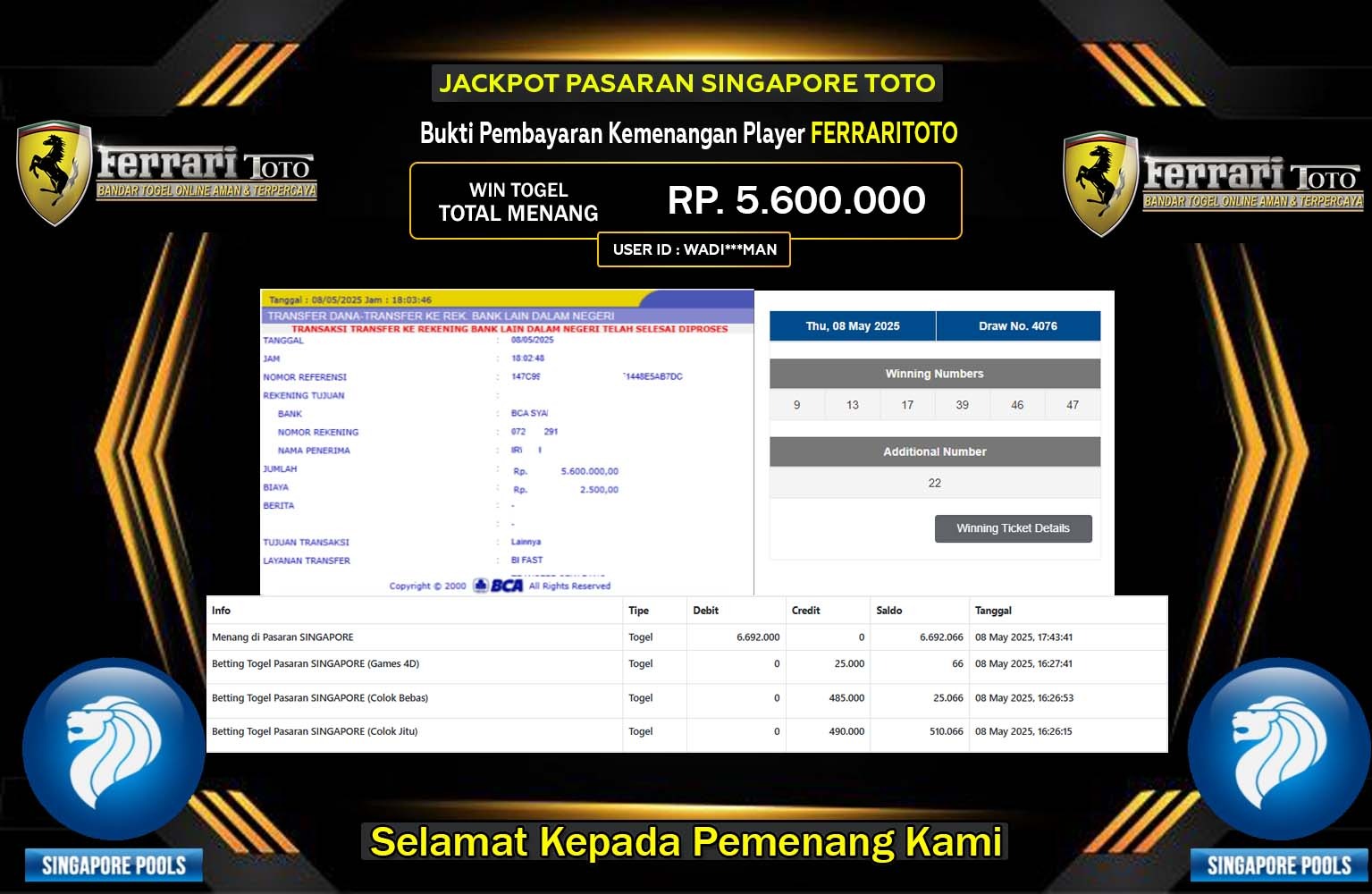 FERRARITOTO JACKPOT SINGAPORE POOLS Rp.5.600.000,- LUNAS