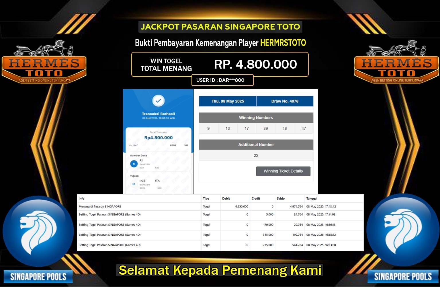 HERMESTOTO JACKPOT SINGAPORE POOLS Rp.4.800.000,- LUNAS
