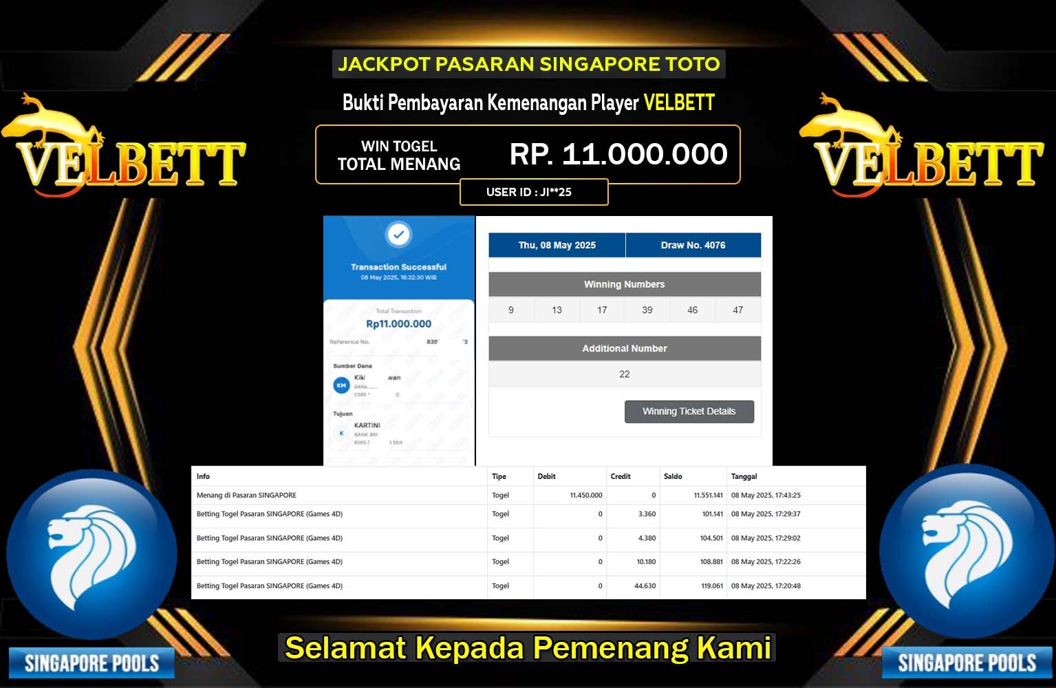 VELBETT JACKPOT SINGAPORE POOLS Rp.11.000.000,- LUNAS