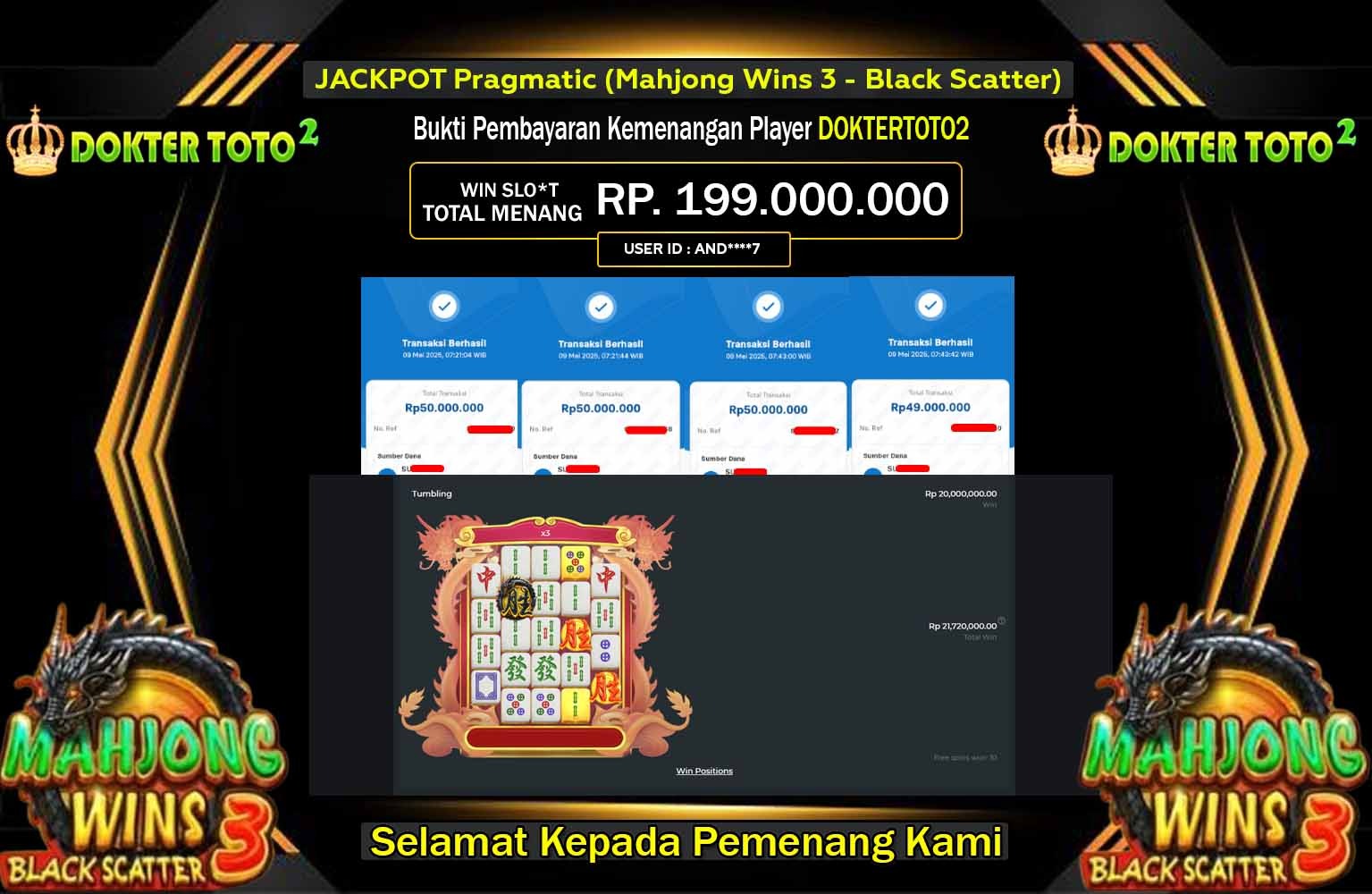 DOKTERTOTO2 JACKPOT MAHJONG WINS 3 - BLACK SCATTER Rp.199.000.000,- LUNAS
