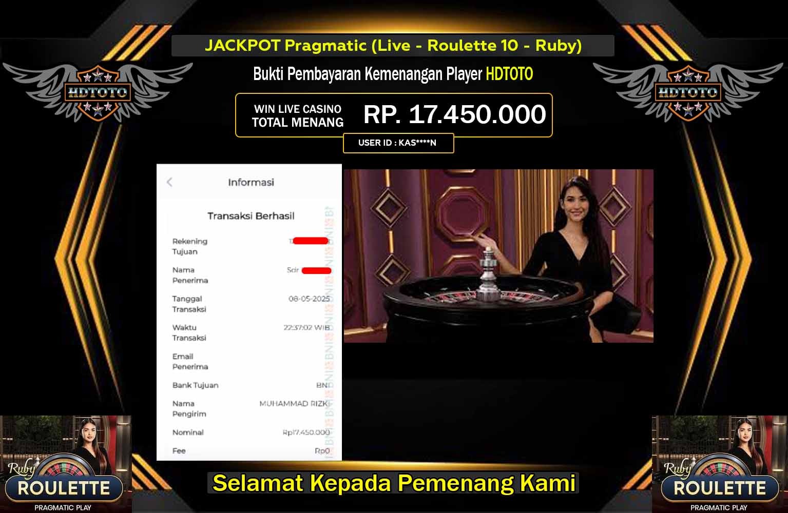HDTOTO JACKPOT Pragmatic (Live - Roulette 10 - Ruby) Rp.17.450.000,- LUNAS