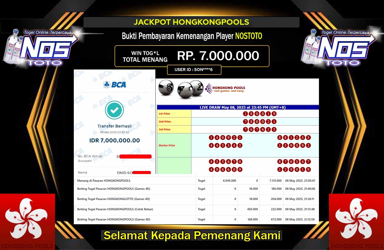 NOSTOTO JACKPOT HONGKONGPOOLS  Rp.7.000.000,- LUNAS