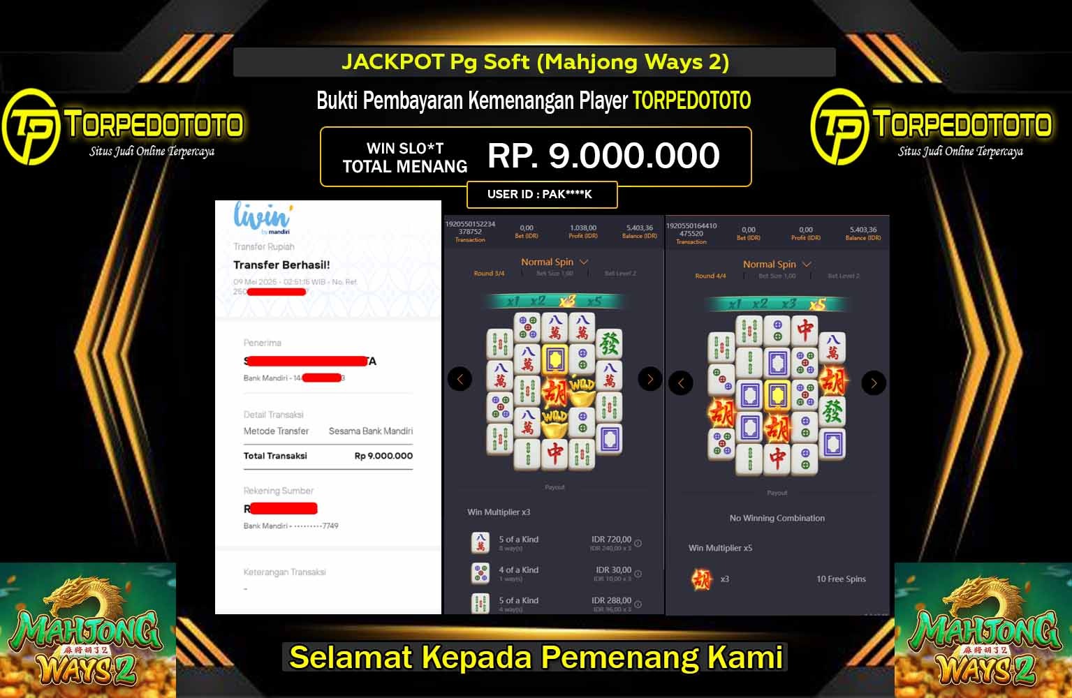 TORPEDOTOTO JACKPOT Pg Soft (Mahjong Ways 2) Rp.9.000.000,- LUNAS