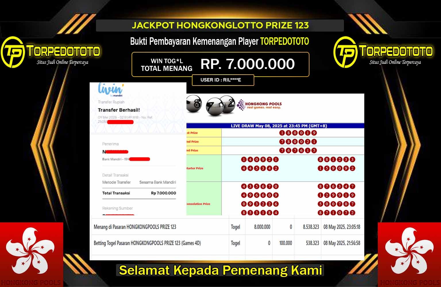 TORPEDOTOTO JACKPOT HONGKONGPOOLS  Rp.7.000.000,- LUNAS