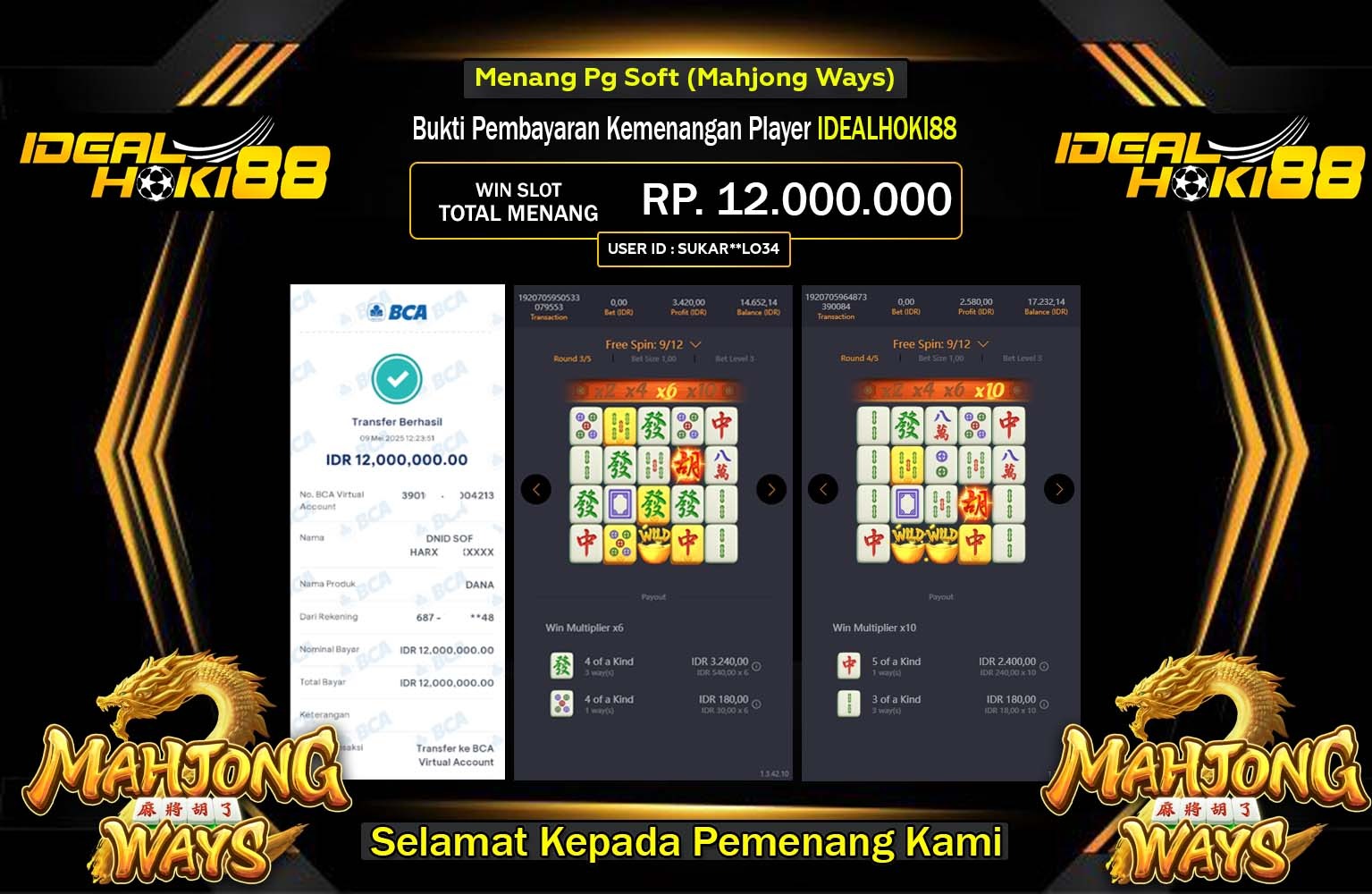 IDEALHOKI88 JACKPOT Pg Soft (Mahjong Ways) Rp.12.000.000,- LUNAS