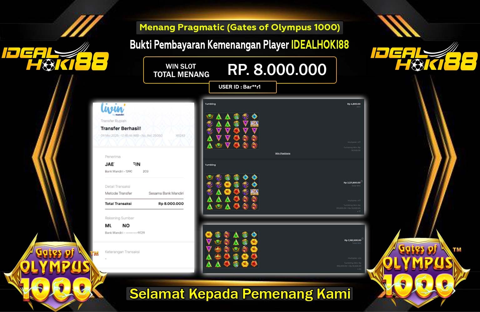 IDEALHOKI88 JACKPOT Pragmatic (Gates of Olympus 1000) Rp.8.000.000,- LUNAS