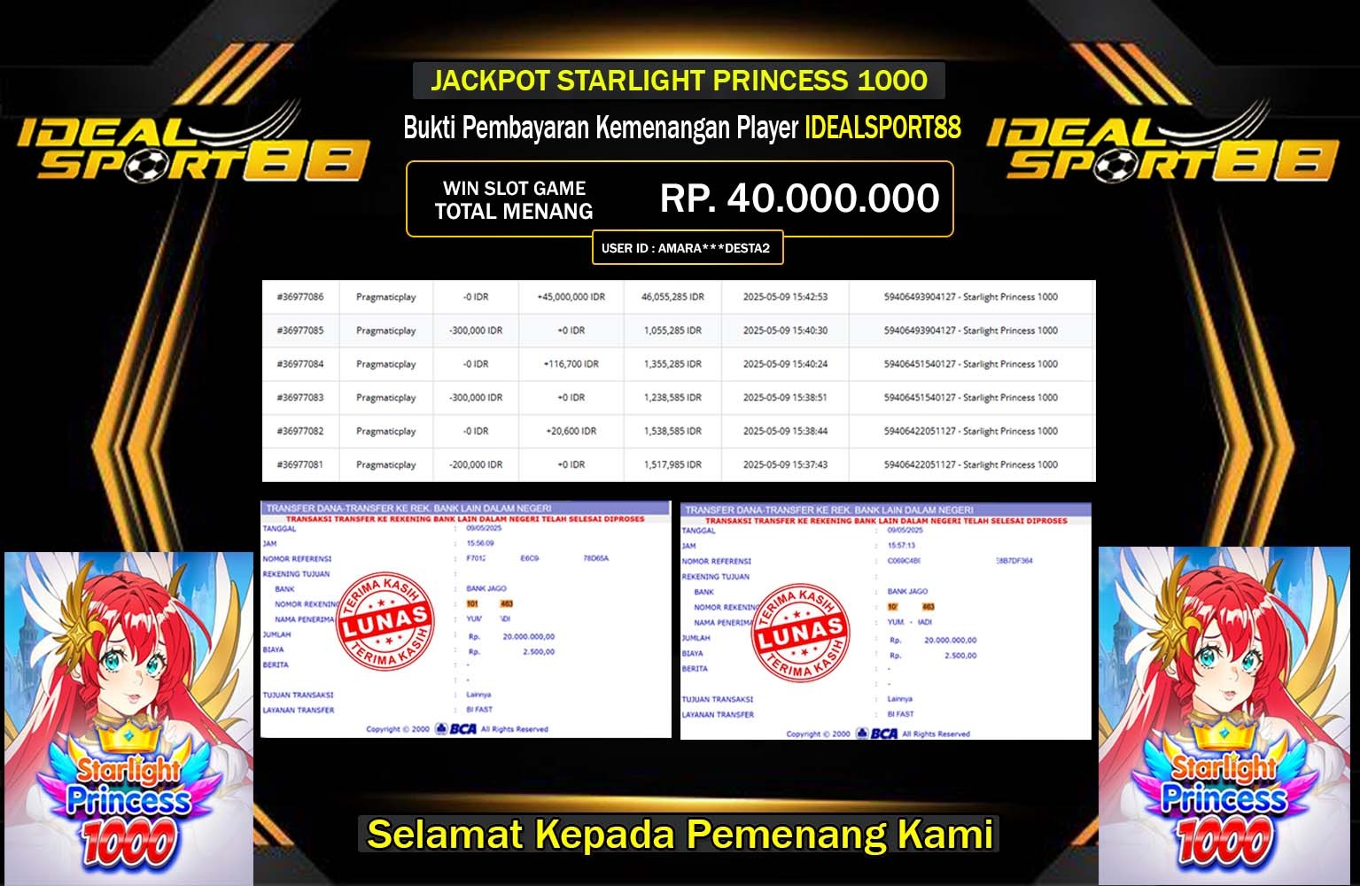 IDEALSPORT88 JACKPOT STARLIGHT PRINCESS 1000  Rp.40.000.000,- LUNAS