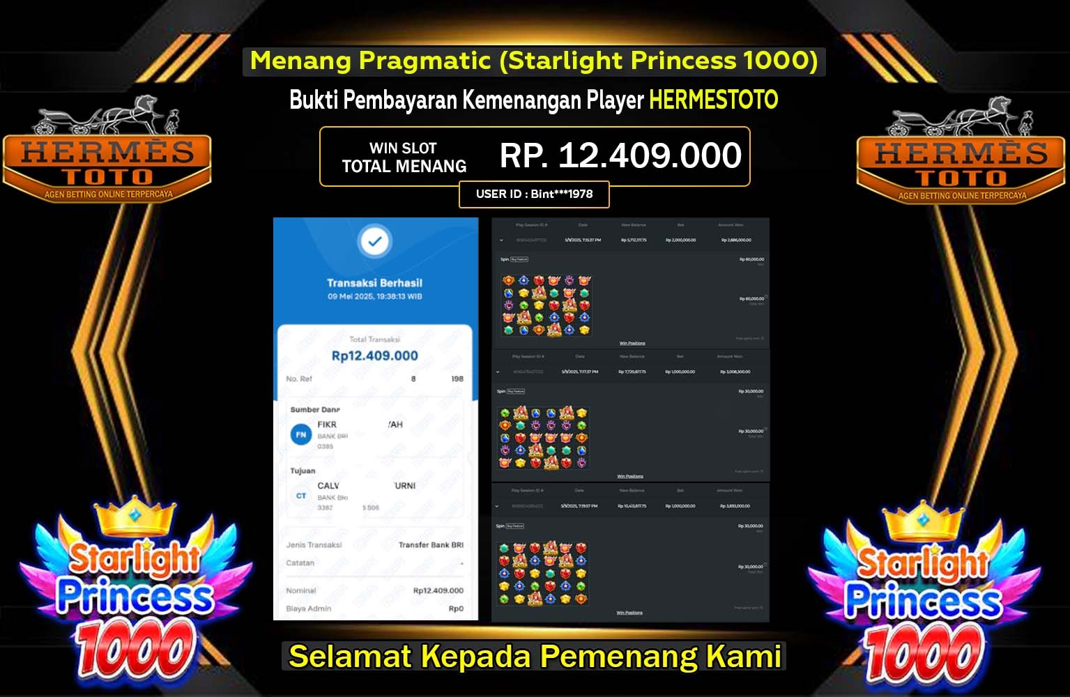 HERMESTOTO JACKPOT Pragmatic (Starlight Princess 1000) Rp.12.409.000,- LUNAS