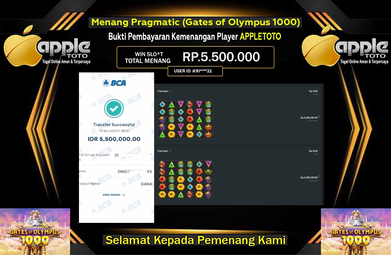 APPLETOTO JACKPOT Pragmatic (Gates of Olympus 1000) Rp.5.500.000,- LUNAS