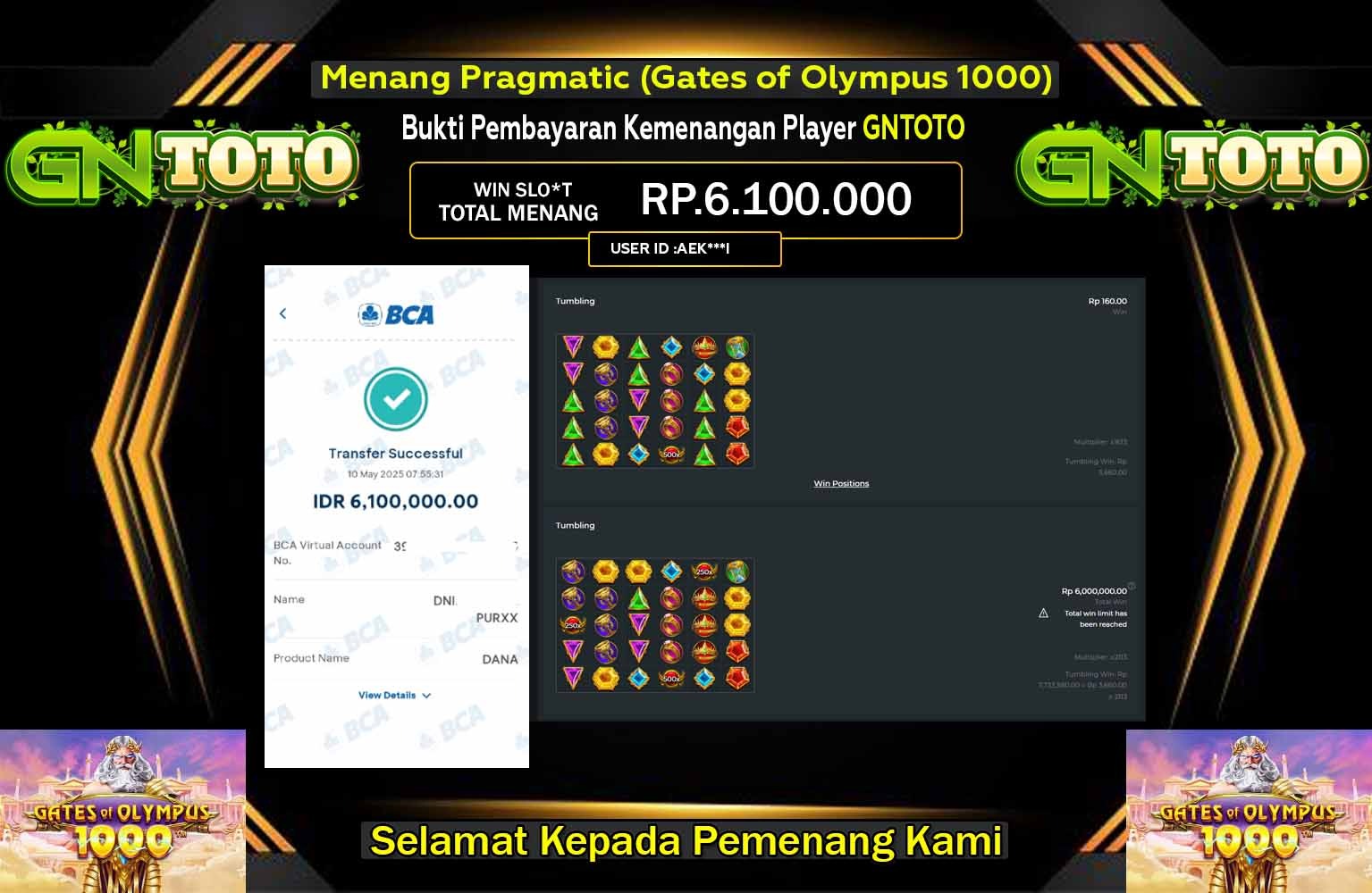 GNTOTO JACKPOT Pragmatic (Gates of Olympus 1000)  Rp.6.100.000,- LUNAS