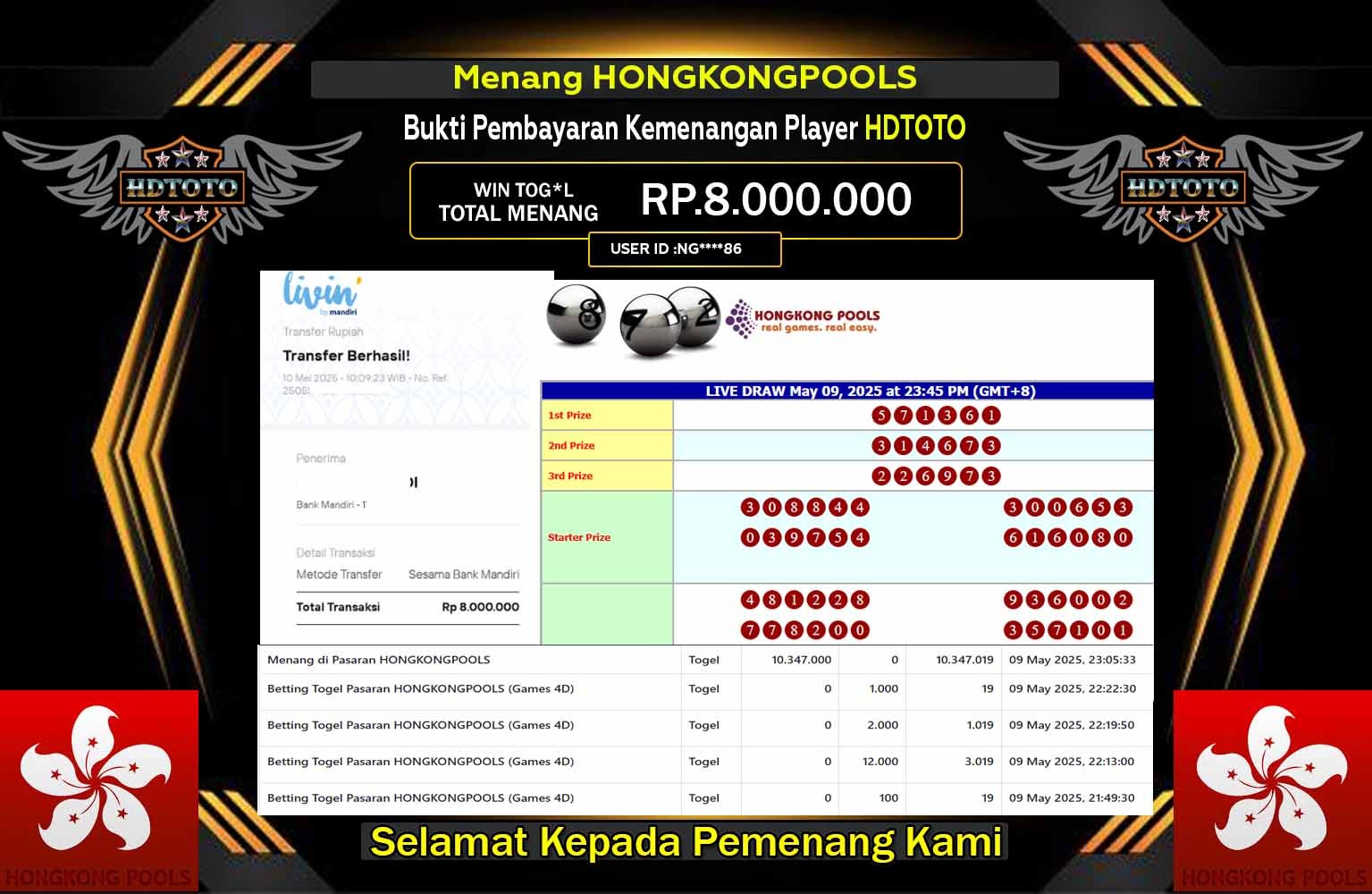 HDTOTO JACKPOT HONGKING POOLS Rp.8.000.000,- LUNAS