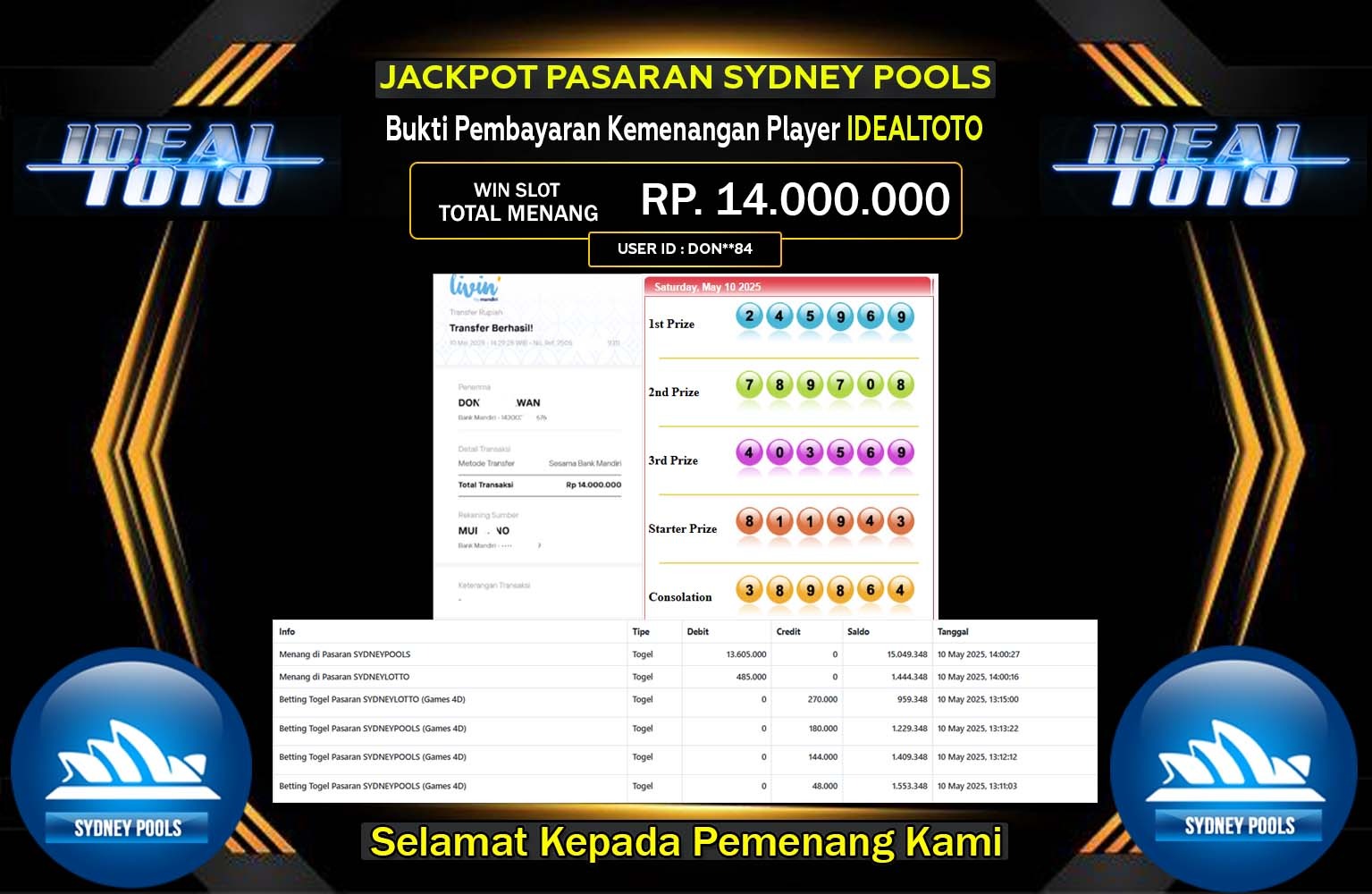 IDEALTOTO JACKPOT SYDNEY POOLS Rp.14.000.000,- LUNAS