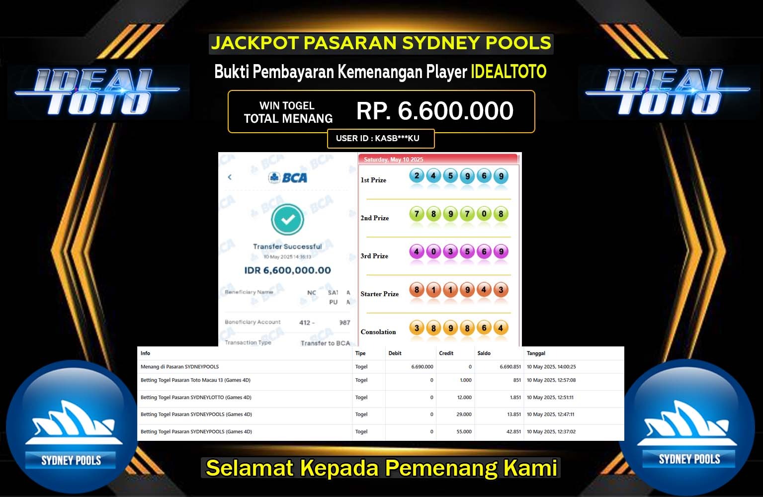 IDEALTOTO JACKPOT SYDNEY POOLS Rp.6.600.000,- LUNAS