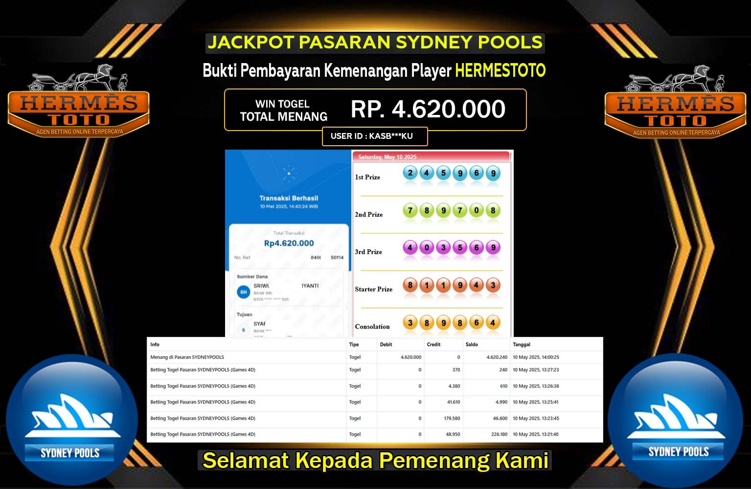HERMESTOTO JACKPOT SYDNEY POOLS Rp.5.000.000,- LUNAS