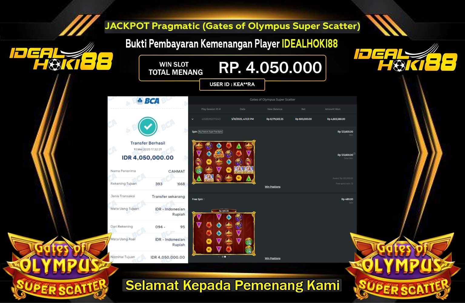 IDEALHOKI88 JACKPOT Pragmatic (Gates of Olympus Super Scatter) Rp.4.050.000,- LUNAS