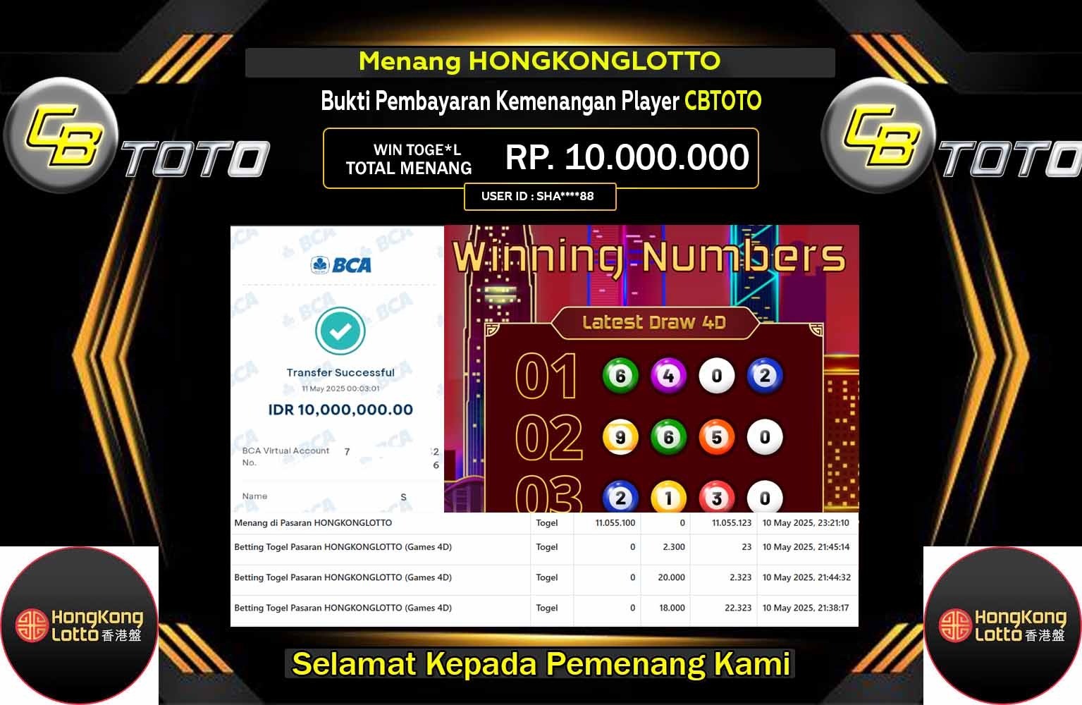 CBTOTO JACKPOT HONGKONGLOTTO  Rp.10.000.000,- LUNAS