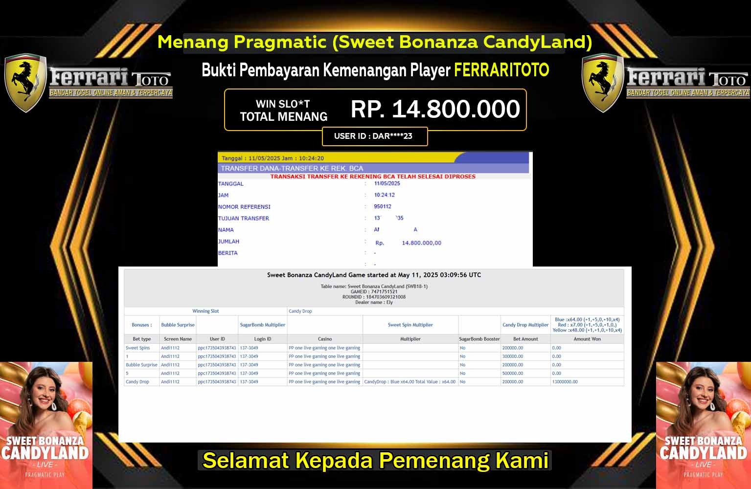 FERRARITOTO JACKPOT Pragmatic (Sweet Bonanza CandyLand) Rp.14.800.000,- LUNAS
