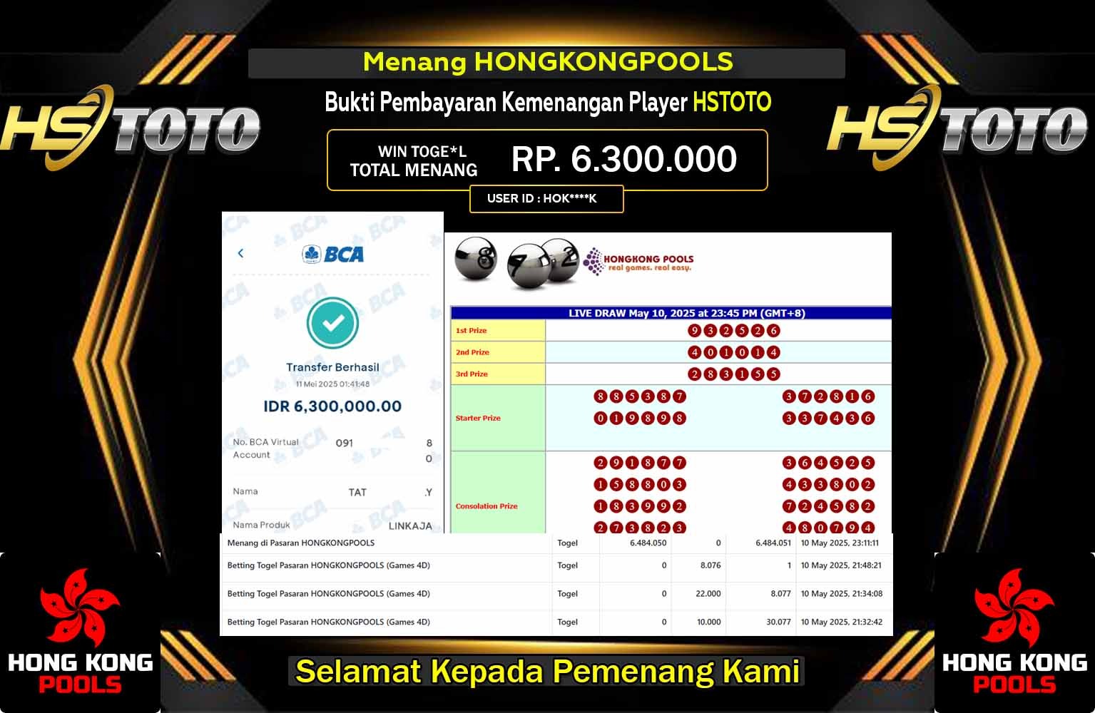 HSTOTO JACKPOT HONGKONG POOLS Rp.6.300.000,- LUNAS