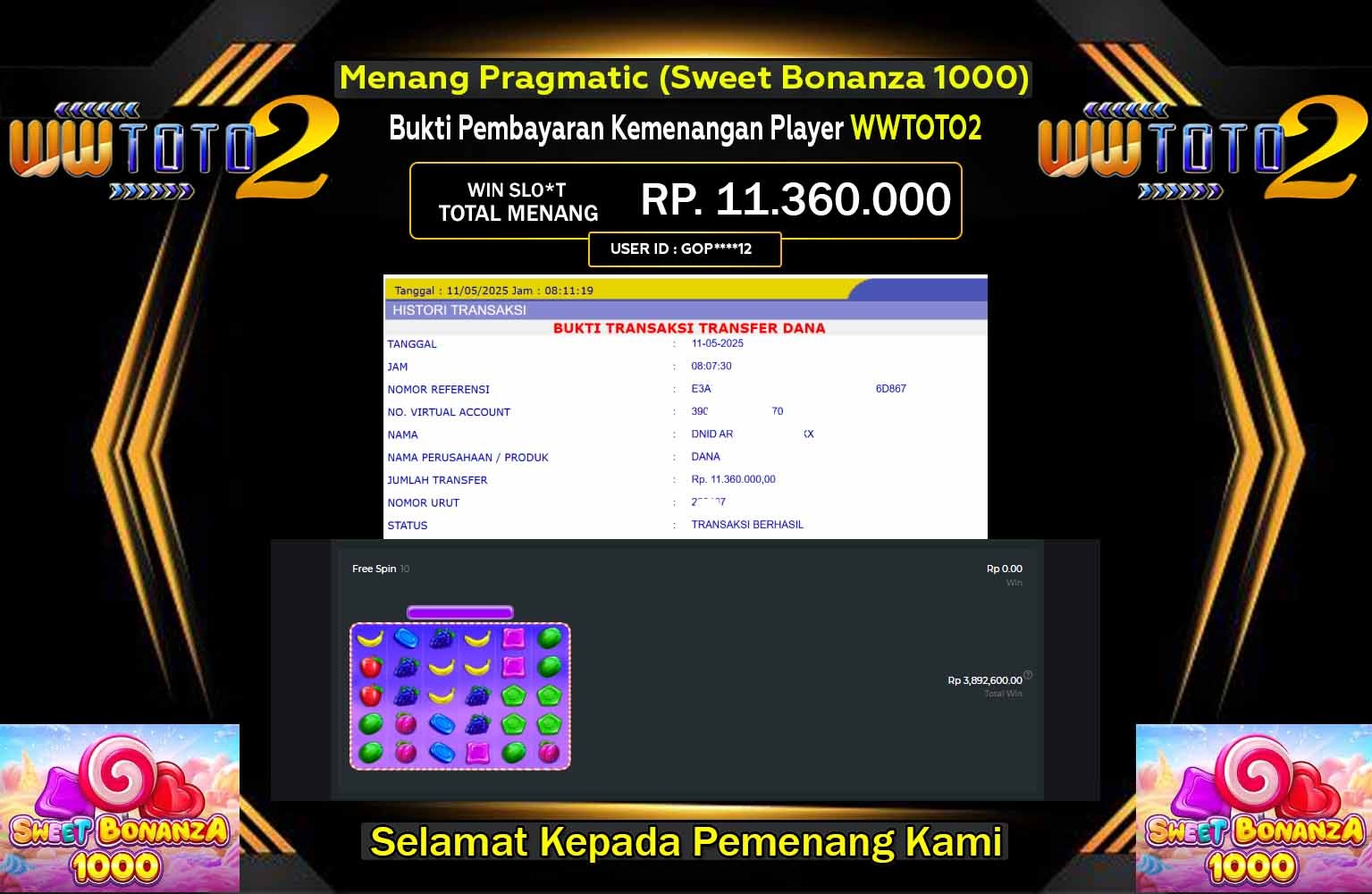 WWTOTO2 JACKPOT Pragmatic (Sweet Bonanza 1000) Rp.11.360.000,- LUNAS