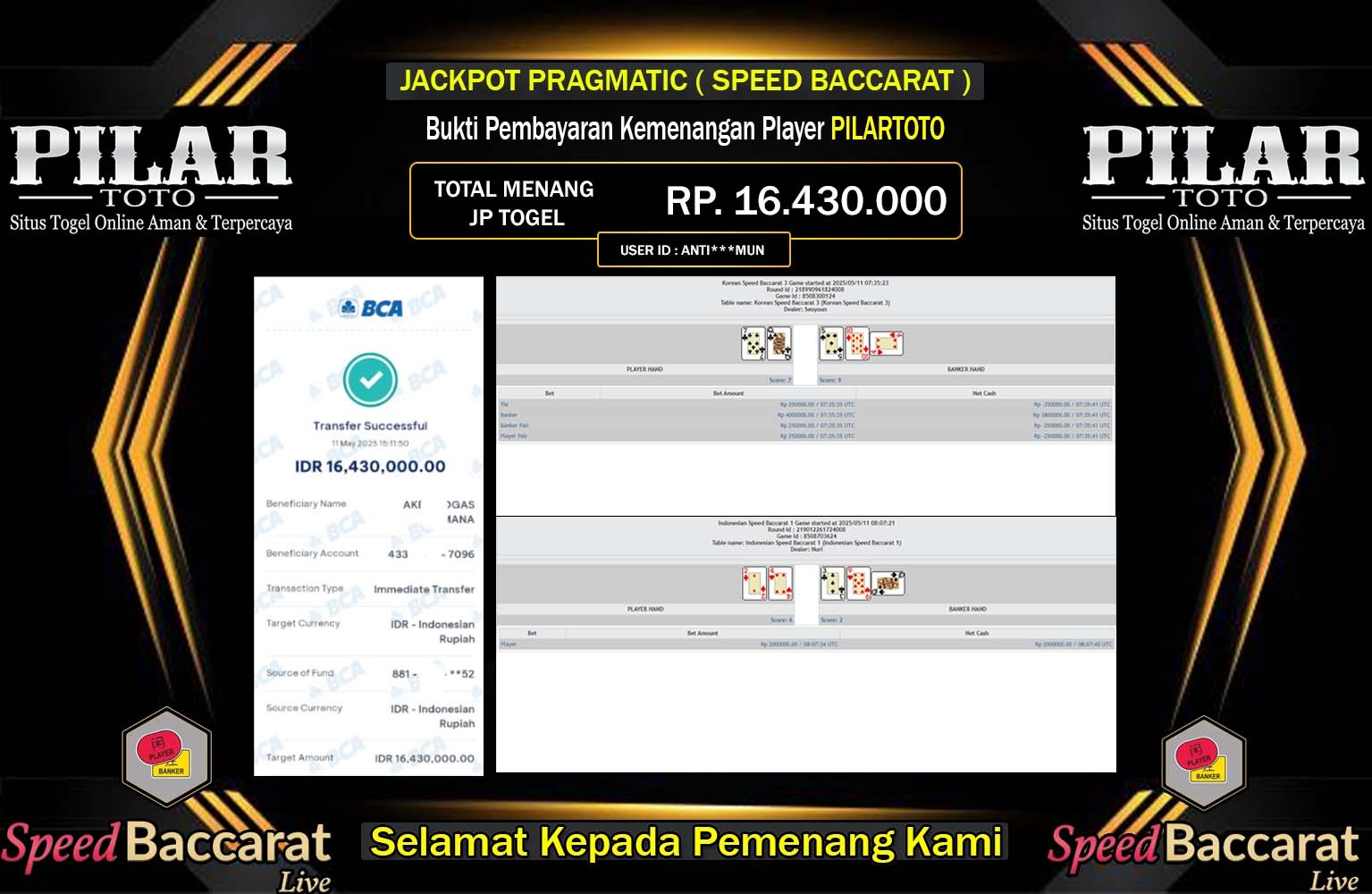 PILARTOTO JACKPOT SPEED BACCARAT Rp.16.430.000,- LUNAS