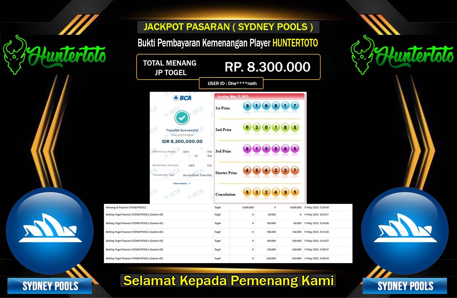HUNTERTOTO JACKPOT SYDNEY POOLS Rp.8.300.000,- LUNAS