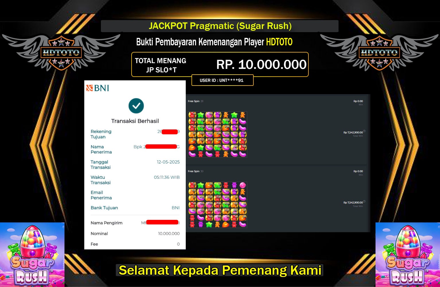 HDTOTO JACKPOT Pragmatic (Sugar Rush) Rp.10.000.000,- LUNAS