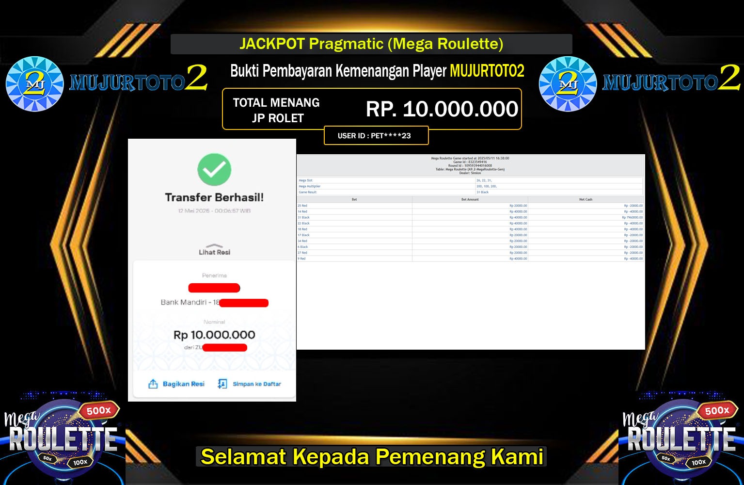 MUJURTOTO2 JACKPOT Pragmatic (Mega Roulette) Rp.10.000.000,- LUNAS