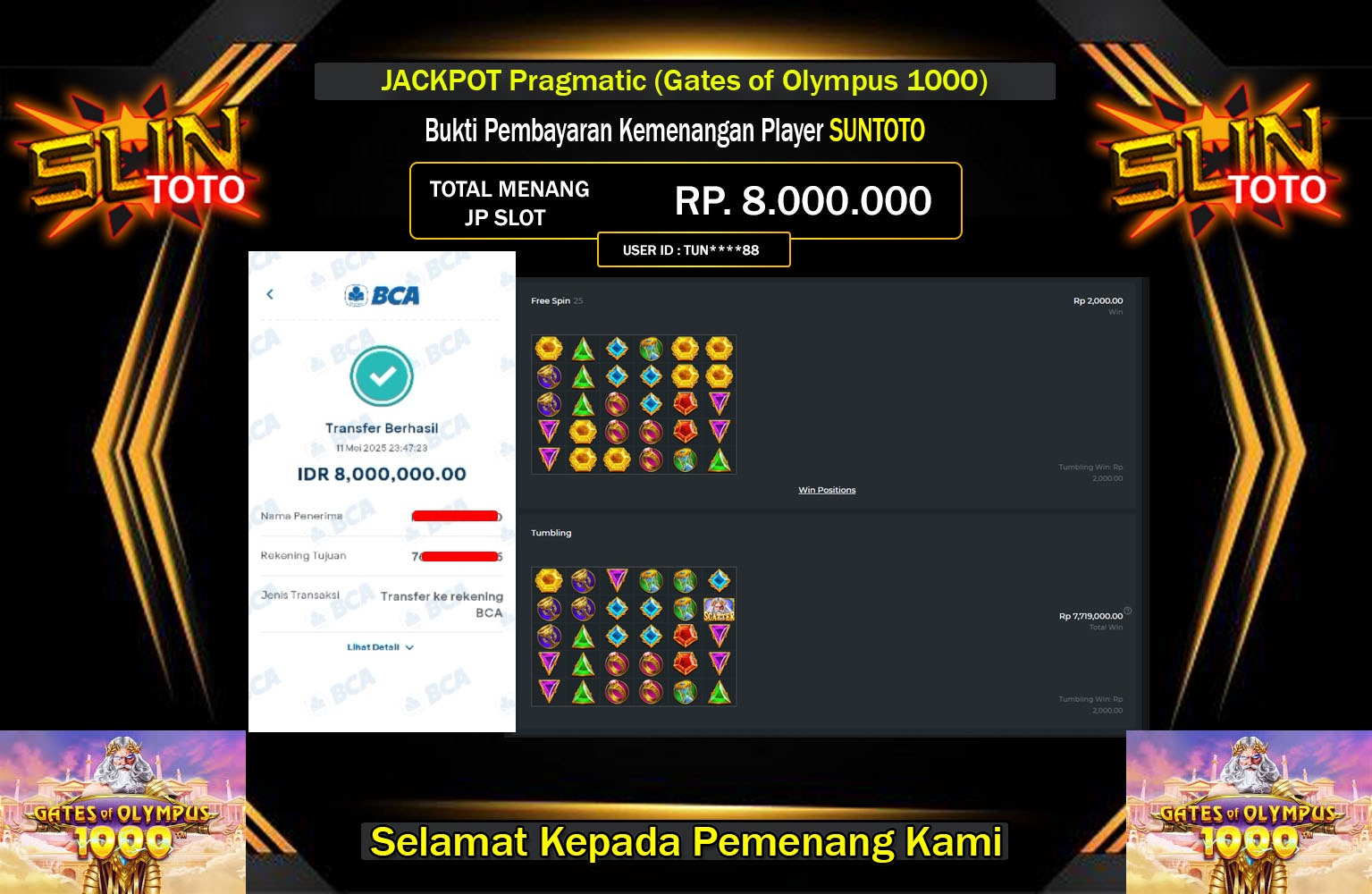 SUNTOTO JACKPOT Pragmatic (Gates of Olympus 1000)Rp.8.000.000,- LUNAS