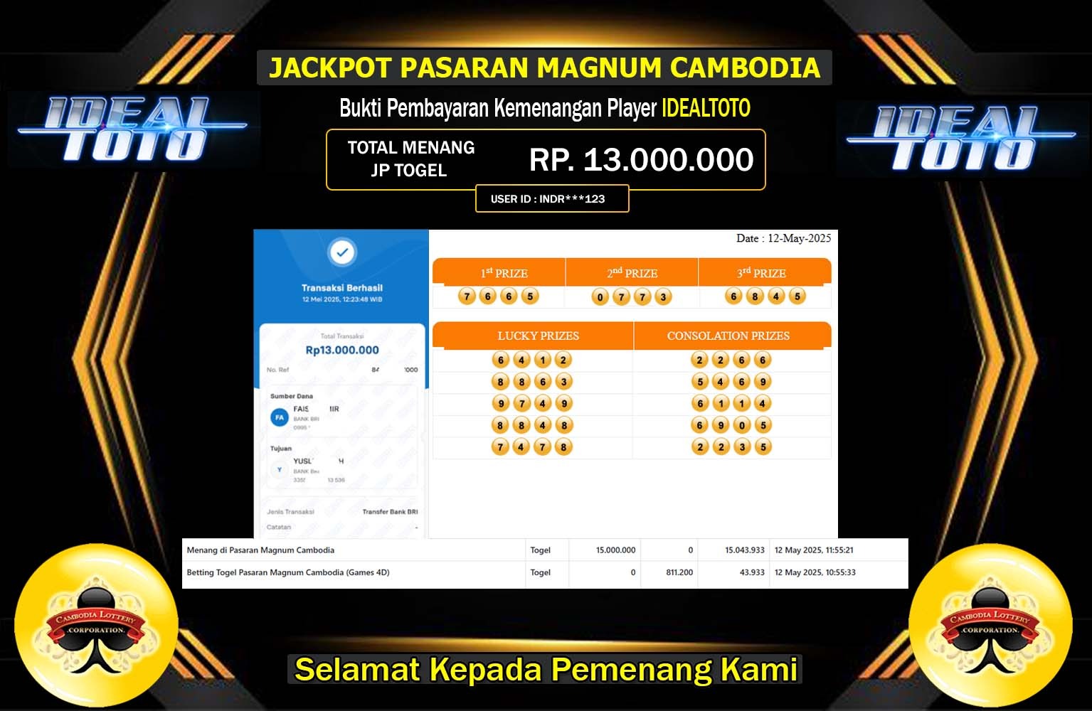 IDEALTOTO JACKPOT Pasaran Magnum Cambodia Rp.13.000.000,- LUNAS