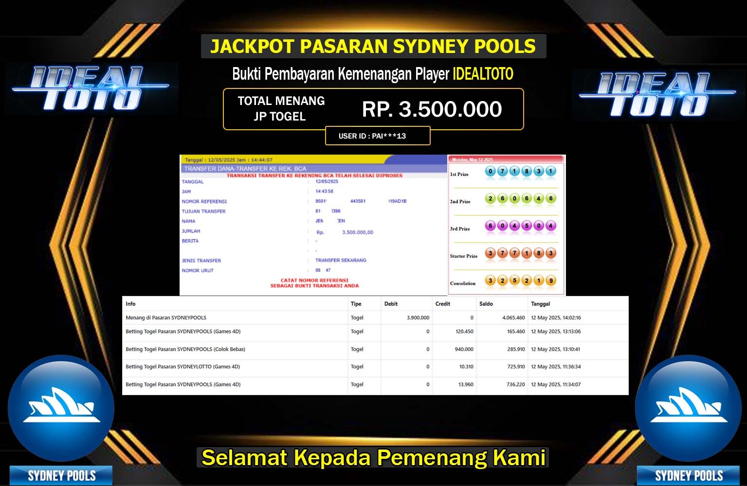 IDEALTOTO JACKPOT SYDNEY POOLS Rp.3.500.000,- LUNAS