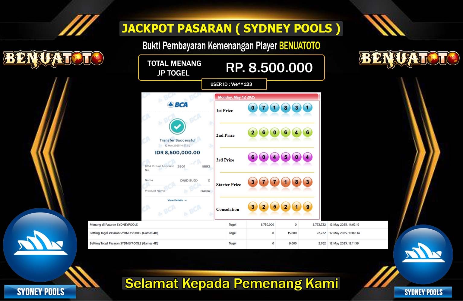 BENUATOTO JACKPOT SYDNEY POOLS Rp.8.500.000,- LUNAS