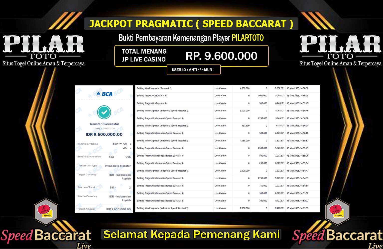 PILARTOTO JACKPOT Pragmatic (Indonesia Speed Baccarat 1) Rp.9.600.000,- LUNAS