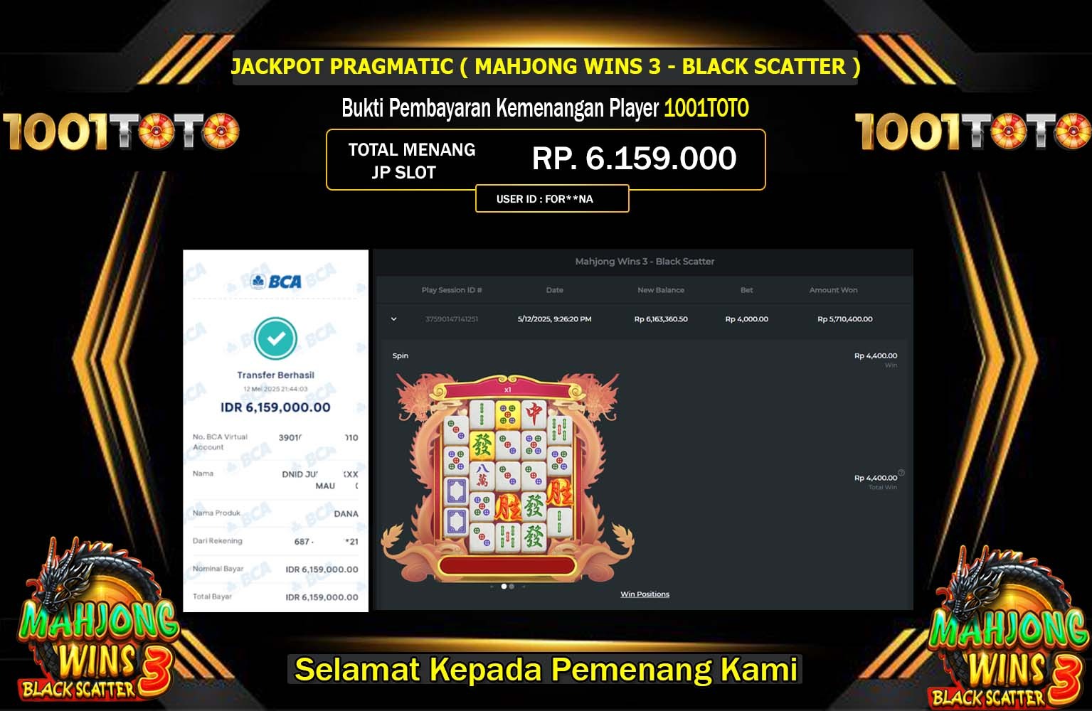 1001toto JACKPOT Pragmatic (Mahjong Wins 3 - Black Scatter) Rp.6.159.000,- LUNAS