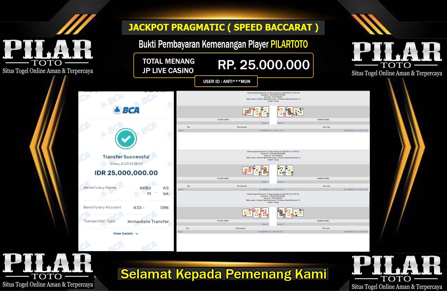 PILARTOTO JACKPOT Pragmatic (Indonesia Speed Baccarat 1) Rp.25.000.000,- LUNAS