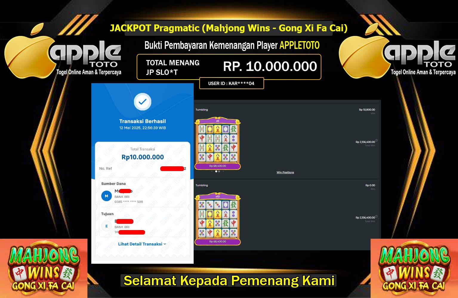 APPLETOTO JACKPOT Pragmatic (Mahjong Wins - Gong Xi Fa Cai) Rp.10.000.000,- LUNAS