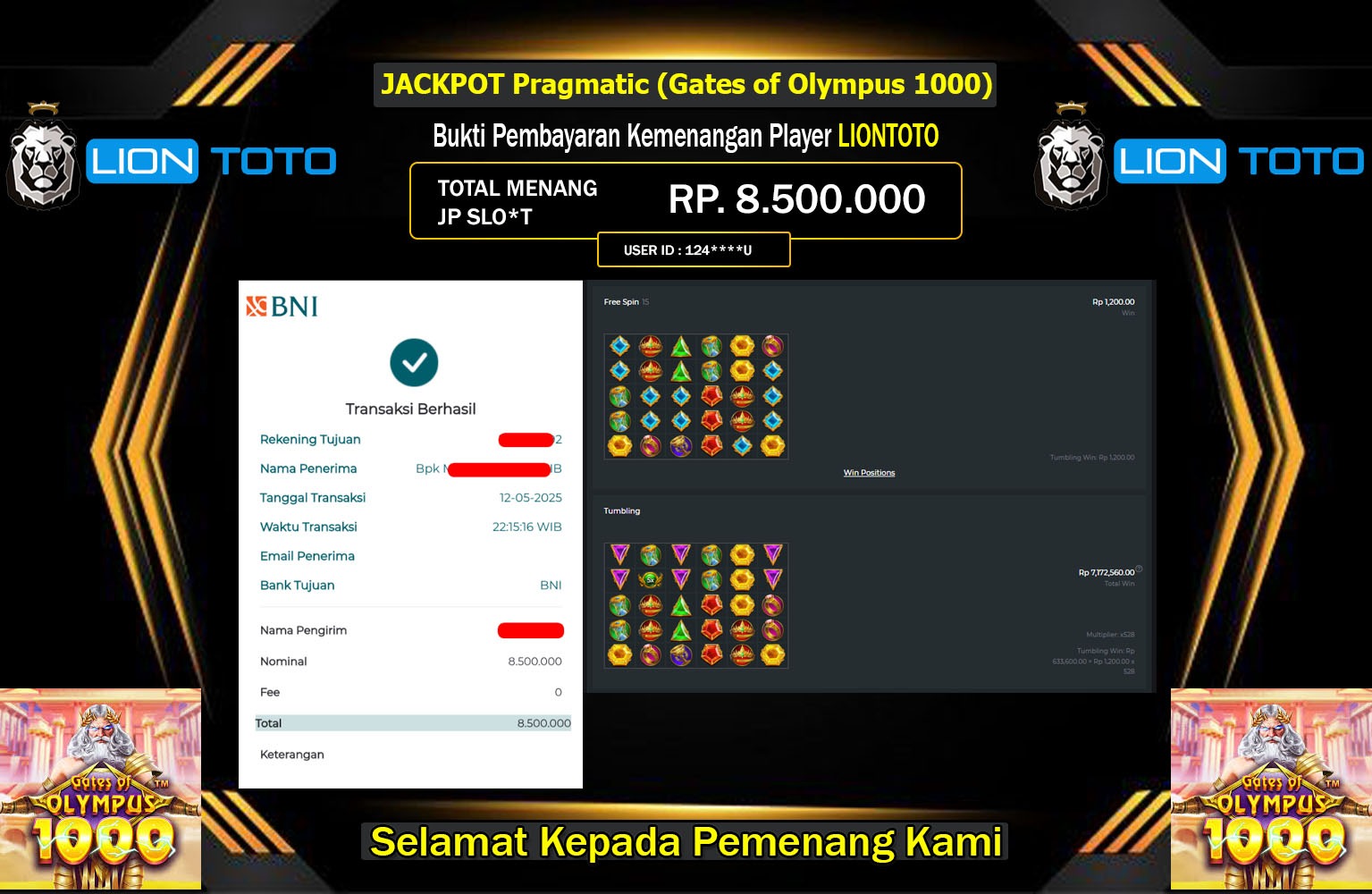 LIONTOTO JACKPOT Pragmatic (Gates of Olympus 1000)Rp.8.500.000,- LUNAS